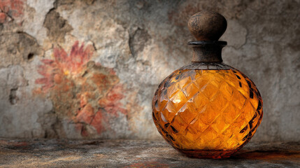 Vintage glass perfume bottle with diamond pattern, filled with amber liquid, sits against textured wall featuring faded floral designs. warm tones evoke sense of nostalgia and elegance