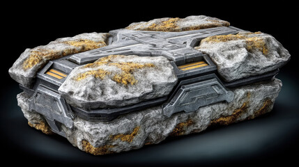 High detail packshot of tech gadget designed to resemble primitive rock, showcasing intricate textures and colors. gadget features rugged exterior with blend of gray and earthy tones