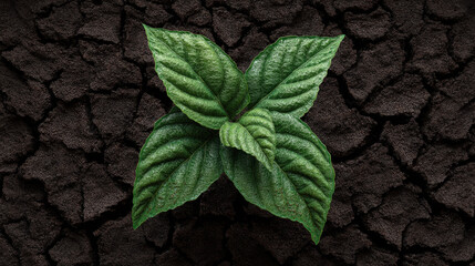 Vibrant green plant with large, textured leaves emerges from cracked, dry earth, symbolizing resilience and hope in harsh environment