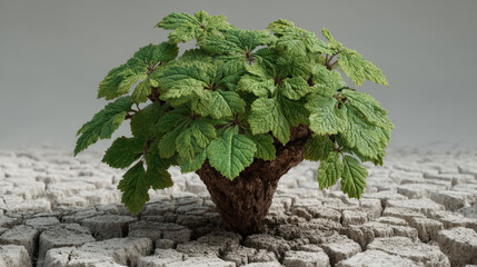 Small plant with vibrant green leaves emerges from cracked earth, symbolizing hope and resilience in challenging environment. This scene captures beauty of nature persistence