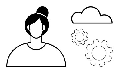 Female figure with bun hairstyle, adjacent cloud and gear icons representing teamwork, technology, creativity, and progress. Ideal for innovation, collaboration, development, tech profiles