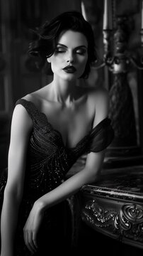 Elegant woman in stunning dress poses gracefully in vintage interior setting