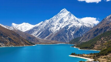 Obraz premium Breathtaking view of snow-capped mountains towering over a pristine turquoise lake surrounded by lush greenery, ideal for travel brochures, nature conservation campaigns, and desktop wallpapers,
