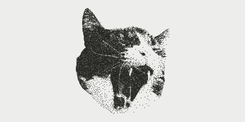 Stippling halftone cat face. Photocopy stipple effect. Grungy punk aesthetic perfect for zines, posters, DIY flyers, tattoo, graphics, album art