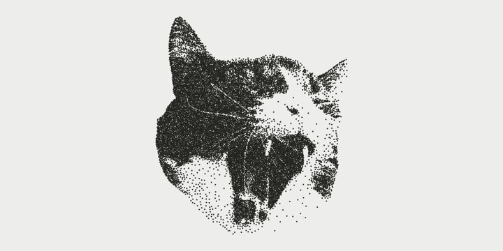 Stippling halftone cat face. Photocopy stipple effect. Grungy punk aesthetic perfect for zines, posters, DIY flyers, tattoo, graphics, album art