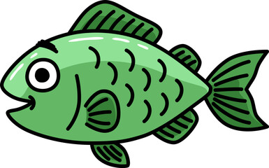 Vector Cartoon Hand Drawn Happy Green Fish