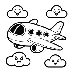Outline Airplane and Smiling Clouds for Coloring Book aircraft