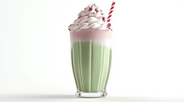Colorful layered milkshake in a tall glass with whipped cream and sprinkles, showcasing a delightful dessert experience with vibrant textures and inviting presentation