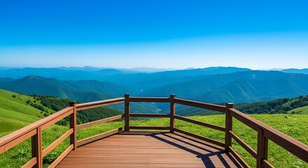 Fototapeta premium Panoramic mountain vista from a serene wooden observation deck