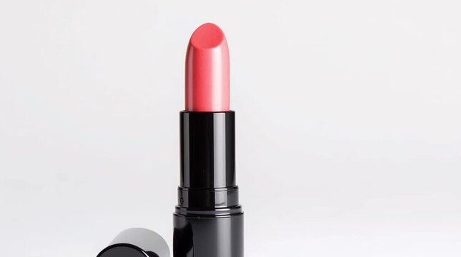 Vibrant lipstick in sleek black casing, showcasing rich color and glossy finish, highlighting beauty product details in a seamless visual progression of application