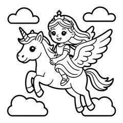 Outline drawing of a girl riding a winged unicorn among clouds princess
