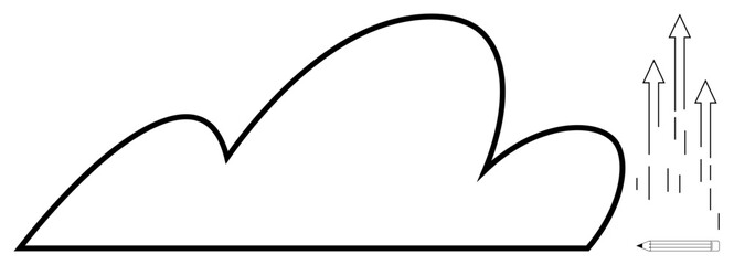 Cloud outline with upward arrows and a pencil, representing creativity, growth, innovation, imagination, productivity, progress, and brainstorming. Ideal for technology ideas communication
