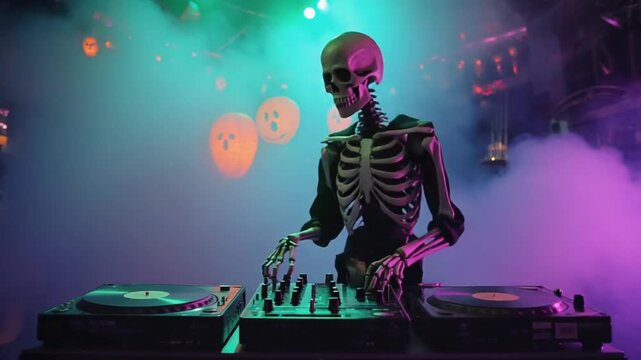 Skeleton DJ at a party.
