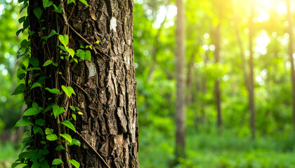 Obraz premium Tree trunk with climbing vine in forest sunlight natural woodland scenery