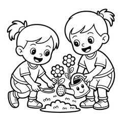 Two happy cartoon children watering plants in a garden kids gardening