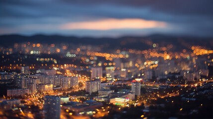 Fototapeta premium Blurred city lights at night, blurred backgrounds of hills and sky, colorful lights create an abstract bokeh effect, perfect as a replica spatial backdrop for urban design projects.