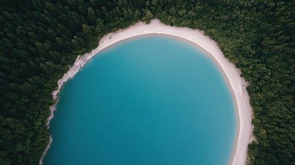 Aerial view of a serene turquoise lake surrounded by lush green forests and a sandy beach, perfect for nature-themed projects, travel brochures, or environmental campaigns,