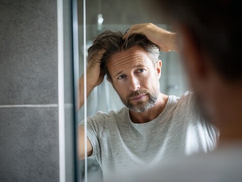 man standing in front of a mirror inspects newly visible gray strands
