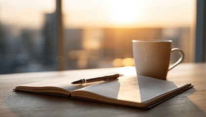 Sunrise city view, open notebook, coffee, pen on desk