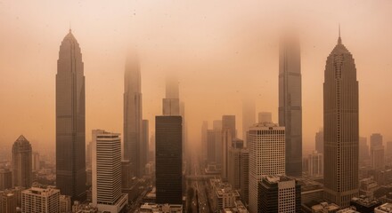 Ethereal Golden Haze Enveloping a Modern Metropolis Skyline at Dawn.