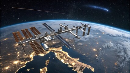 International space station orbiting earth with city lights and a comet