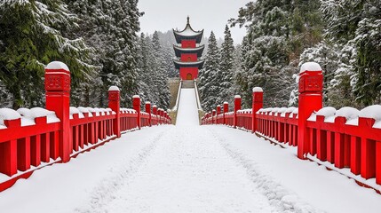 A picturesque snow-covered path leads to a stunning red pagoda surrounded by evergreen trees, ideal for promoting travel, winter destinations, or cultural exploration