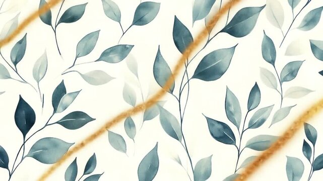 Subtle watercolor leaf pattern with golden light rays in soft animation background
