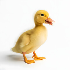 Adorable fluffy yellow duckling with orange beak and feet looking to the side.