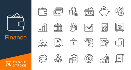 Finance thin line icon collection for banking, investment, tax and payment concept. Editable stroke. Pixel perfect.