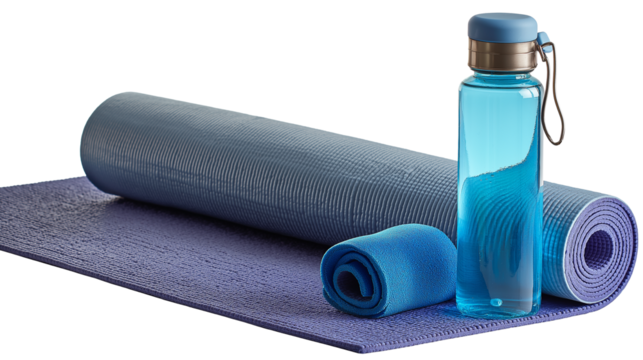 yoga mat rolled up with water bottle