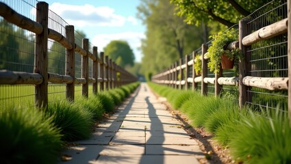 Fototapeta premium A rustic wooden fence lines a paved pathway, shaded by bright sunlight, through a verdant landscape.