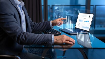 Businessman Analyzing Financial Data on Laptop with Holographic Interface