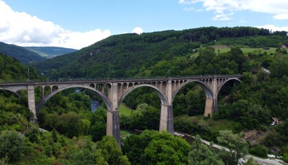 A long arched bridge spanning a valley
