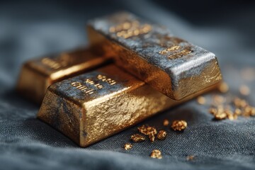 A close up of two gold bars stacked on top of each other with gold nuggets scattered around them