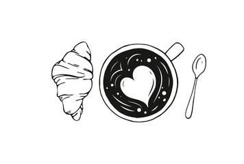 Coffee cup and croissant. Hand drawn graphic illustration.