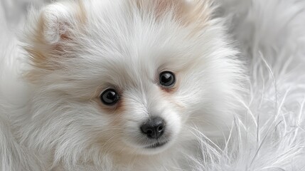 Captivating close-up of a fluffy white Pomeranian puppy with soulful dark eyes, radiating innocence and warmth