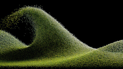 An abstract wave of green particles rising from a plant seed, transforming into a stylized bar chart  on a dark background. 3d illustration.