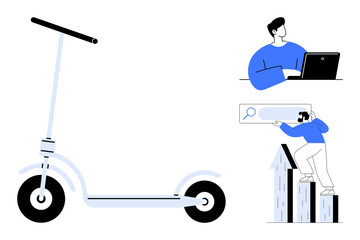 Fototapeta premium Minimalist scooter, man working on laptop, person interacting with a search bar atop bar graphs. Ideal for mobility, technology, remote work, productivity, data analysis, search optimization simple