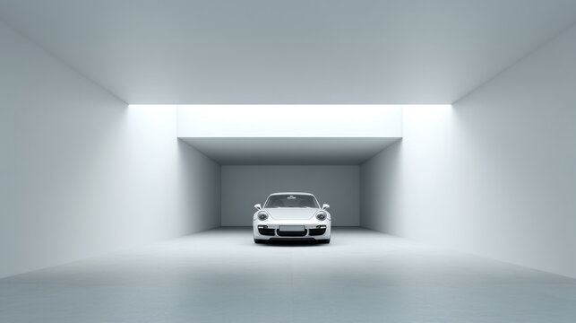 A simple, geometric outline of a car inside a minimalist garage structure, emphasizing safety. Minimal, secure, architectural. 3d illustration.