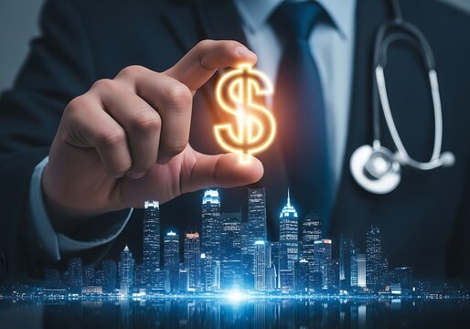 Doctor holds glowing dollar symbol over city, symbolizing healthcare finance - Powered by Adobe