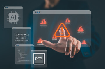 A person interacts with a futuristic interface displaying alerts and data, emphasizing technology and artificial intelligence.