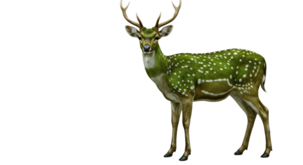 Majestic Green Axis Deer with Antlers Isolated on White.