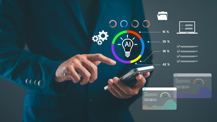 A professional individual interacts with a smartphone, showcasing data analytics and AI visuals in a modern, tech-focused environment.