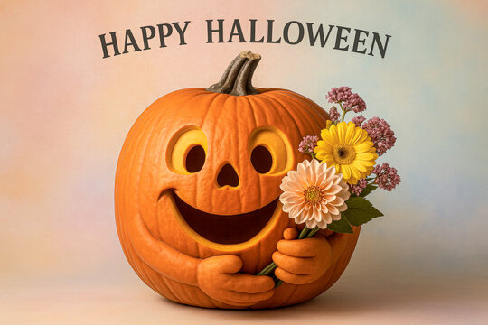 High resolution photo of a carved pumpkin jack o’ lantern with a big smiling face and sculpted arms holding a bouquet of colorful flowers, set against a pastel background with “Happy Halloween” text 