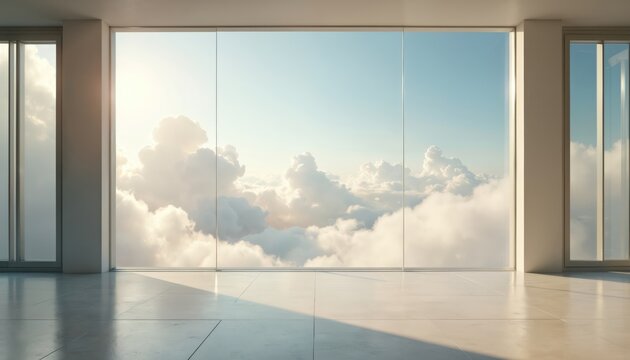 Minimalist interior room with large windows revealing serene sky filled with soft, white clouds. Natural light floods space, creating bright, airy, peaceful ambience. Bright, clean, modern setting