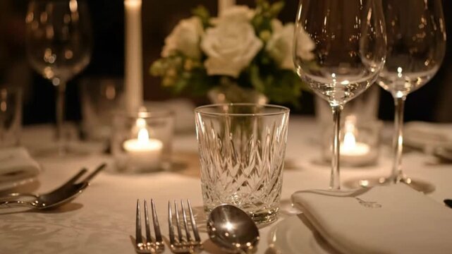Formal dinner table setting with glassware and candles