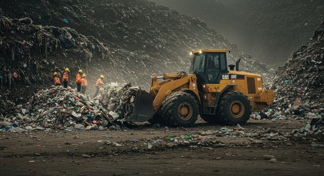 Landfill Workers and CAT Loader Amidst Mountains of Waste, Environmental Concerns.