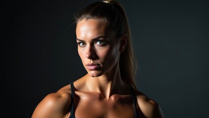 Fototapeta premium A confident woman with a determined expression, showcasing strength and athleticism in a portrait against a dark background.