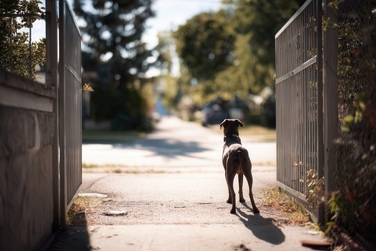 open backyard gate with a dog wearing a GPS tracker - Powered by Adobe