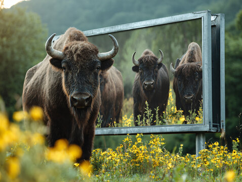 Wildlife Photography Scene: Bison Herd Overview Eastern Safari Landscape, Wild Buffalo Animalistic Reflection Green Pasture Meadow Vibrant Nature, 